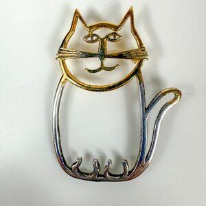 Navajo Belinda Woody Sterling Silver Cat Brooch 925 Gold Accents